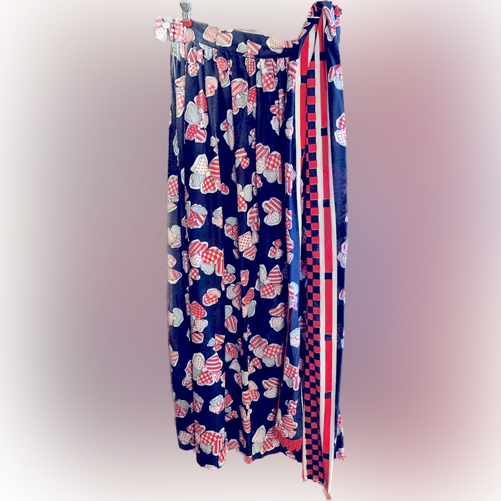 Vintage Handmade Long Navy Printed Skirt With Matching Belt.